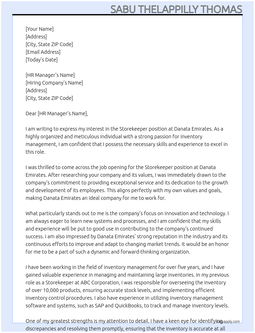 Storekeeper  At Danata Emirates  Cover Letter