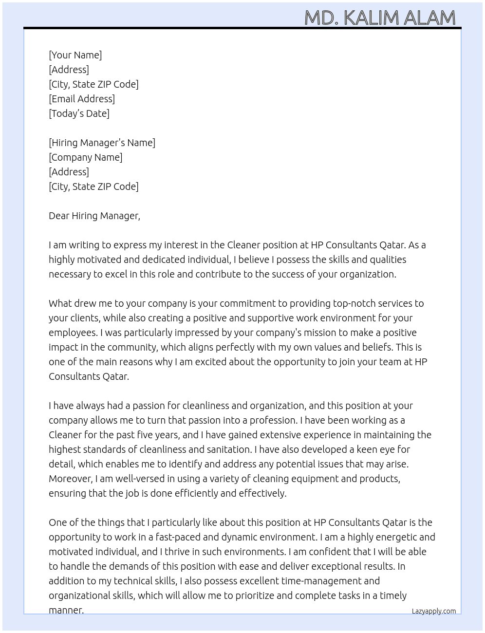 Cleaner  At HP Consultants Qatar  Cover Letter