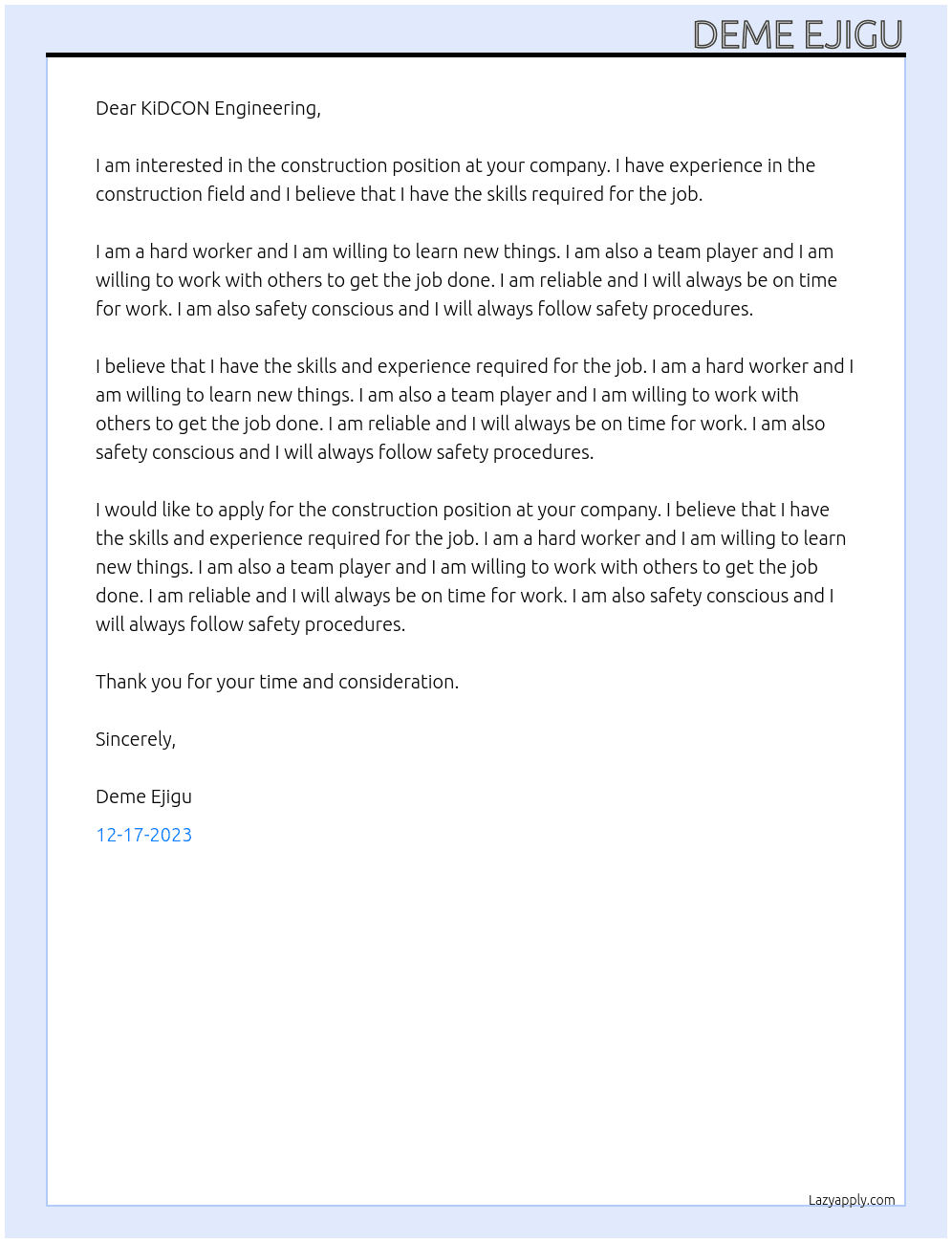 Construction At EiE Cover Letter
