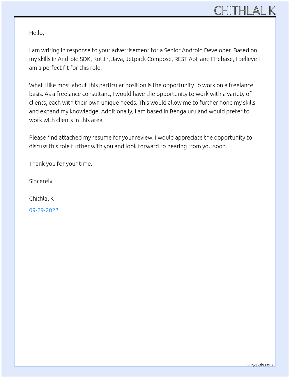 Senior Android Developer At Freelance Project Cover Letter