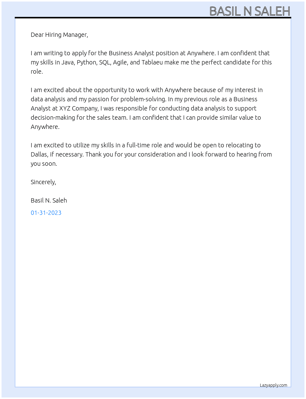 Business Analyst At Anywhere Cover Letter
