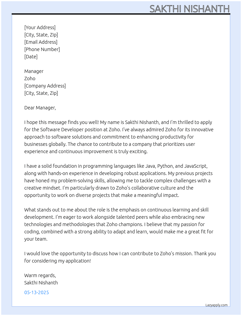 software developer At zoho Cover Letter
