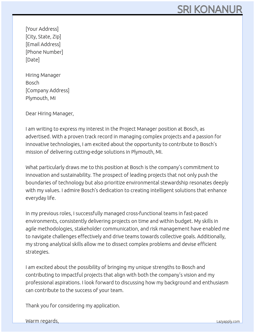 Project Manager At Bosch Cover Letter