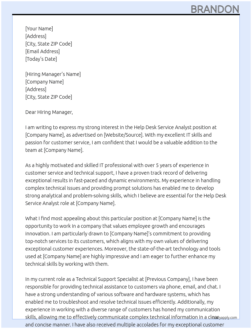 Help Desk Service Analyst At the State Cover Letter
