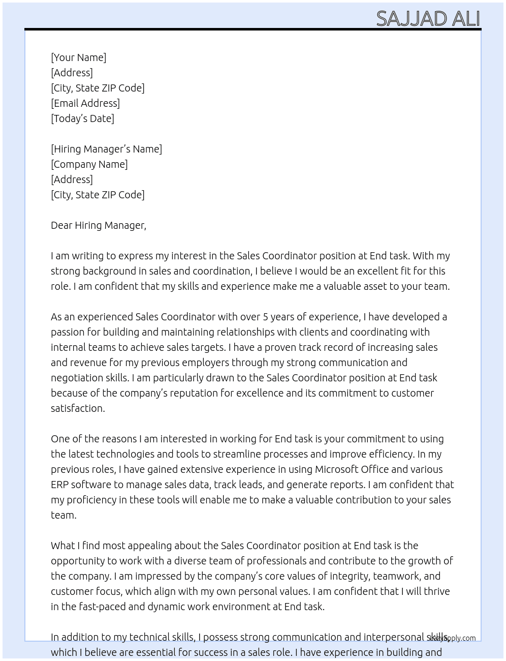 Sales Coordinator  At End task Cover Letter