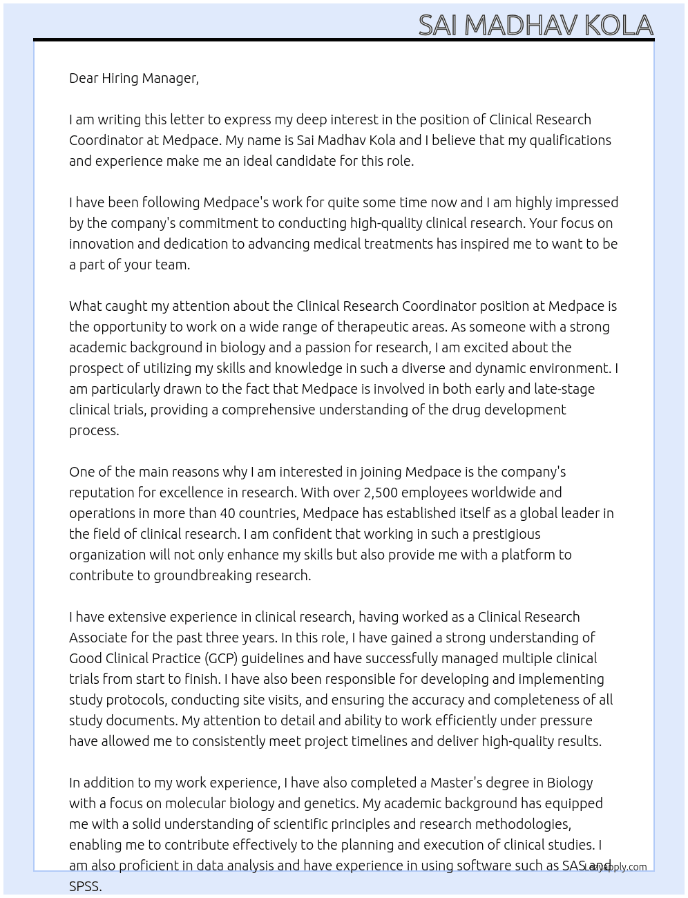 clinical research coordinator At medpace Cover Letter