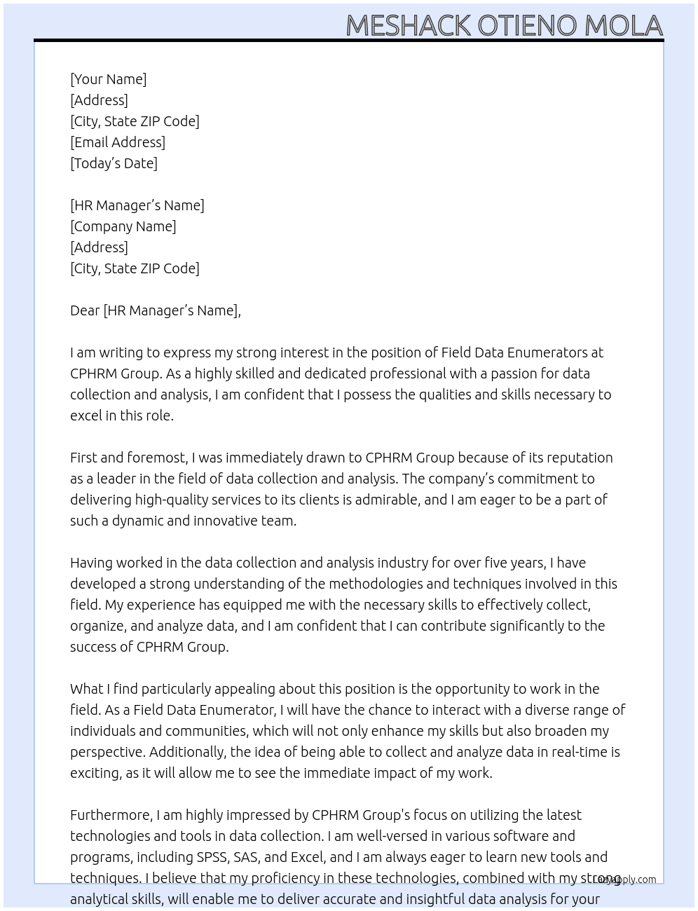 Field Data Enumerators At CPHRM GROUP Cover Letter