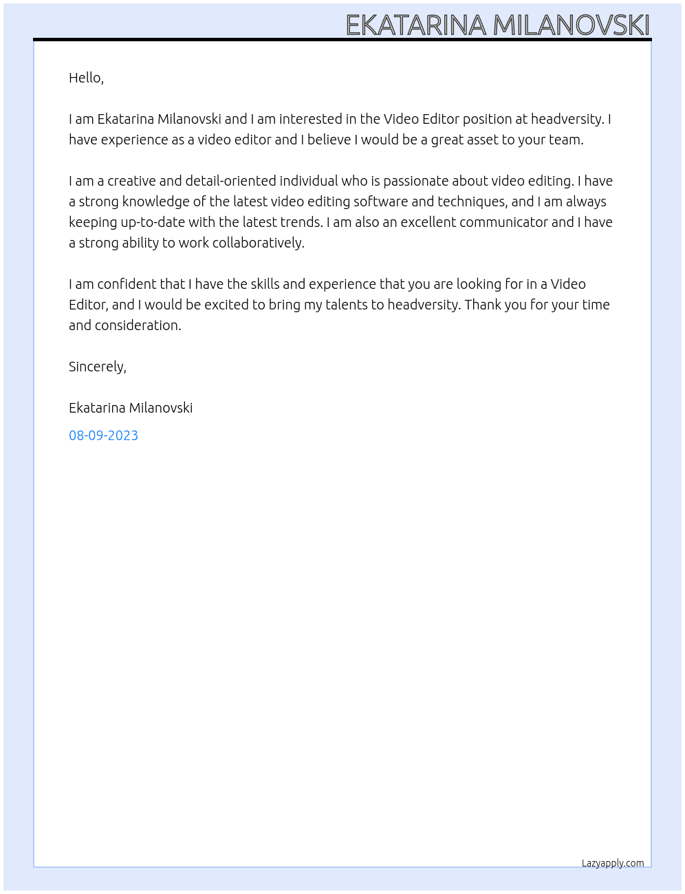 Video Editor At headversity  Cover Letter