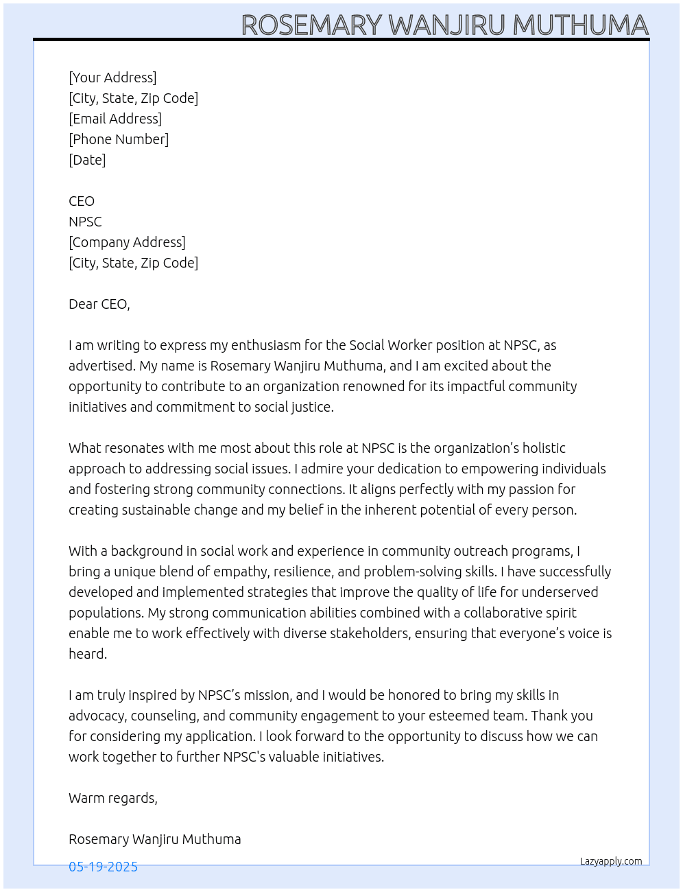 Social worker At NPSC Cover Letter