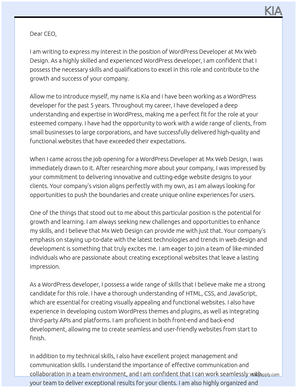 wordpress developer At Mx Web Design Cover Letter