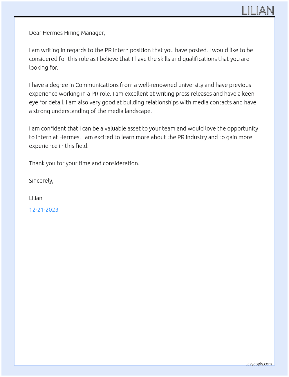 PR intern At hermes Cover Letter