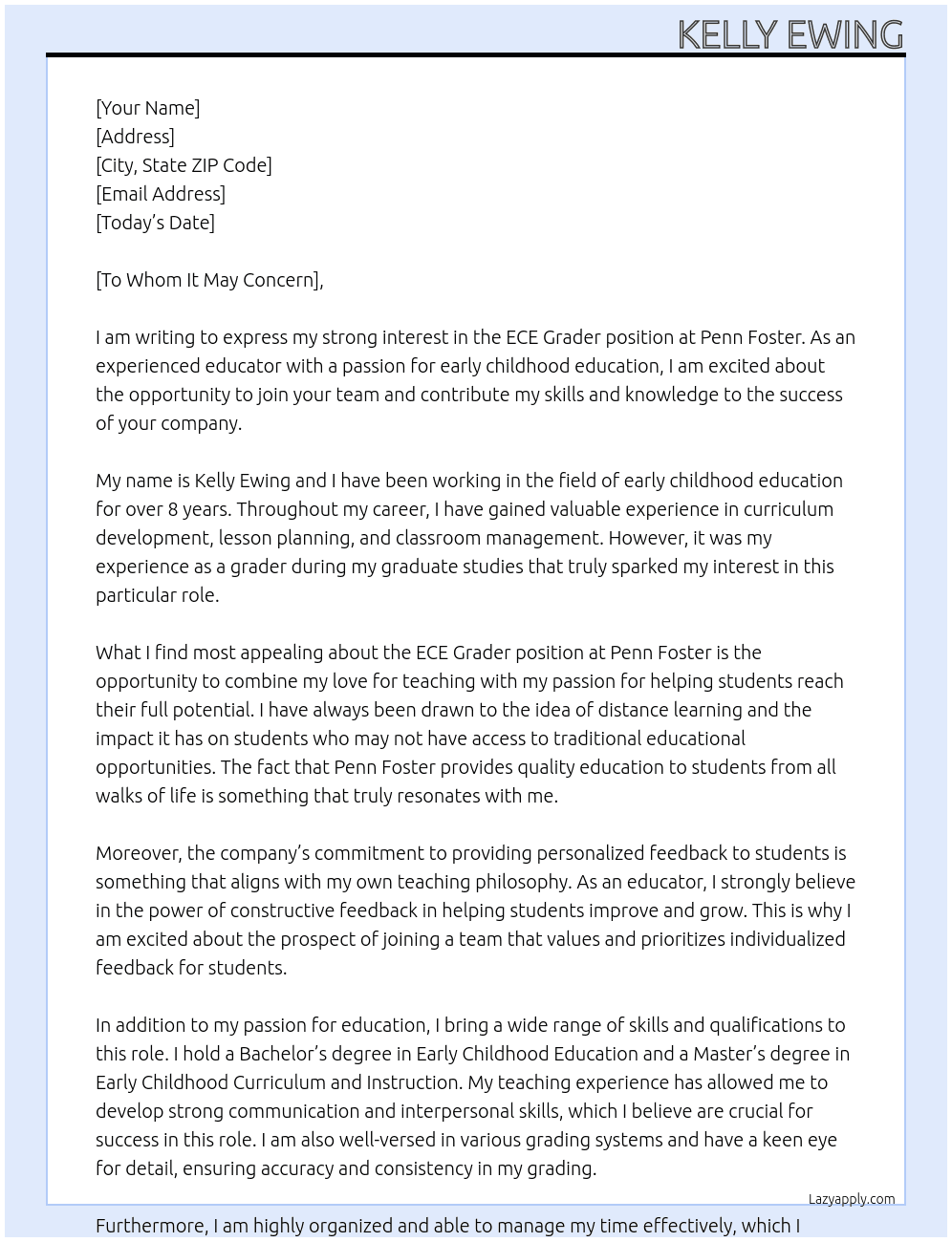 ECE Grader At Penn Foster Cover Letter