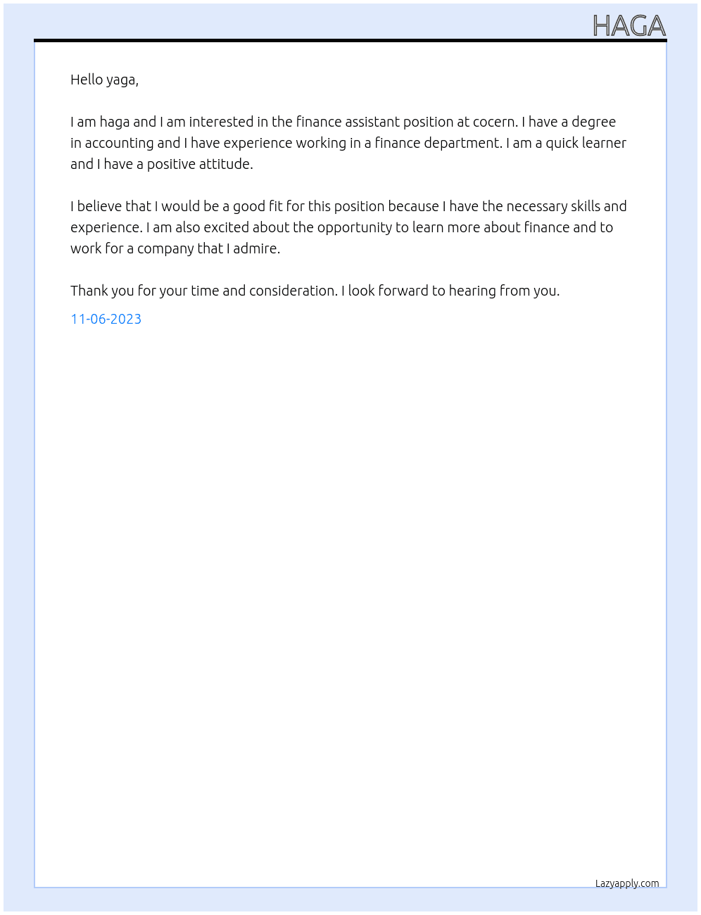 finance assistant At cocern Cover Letter