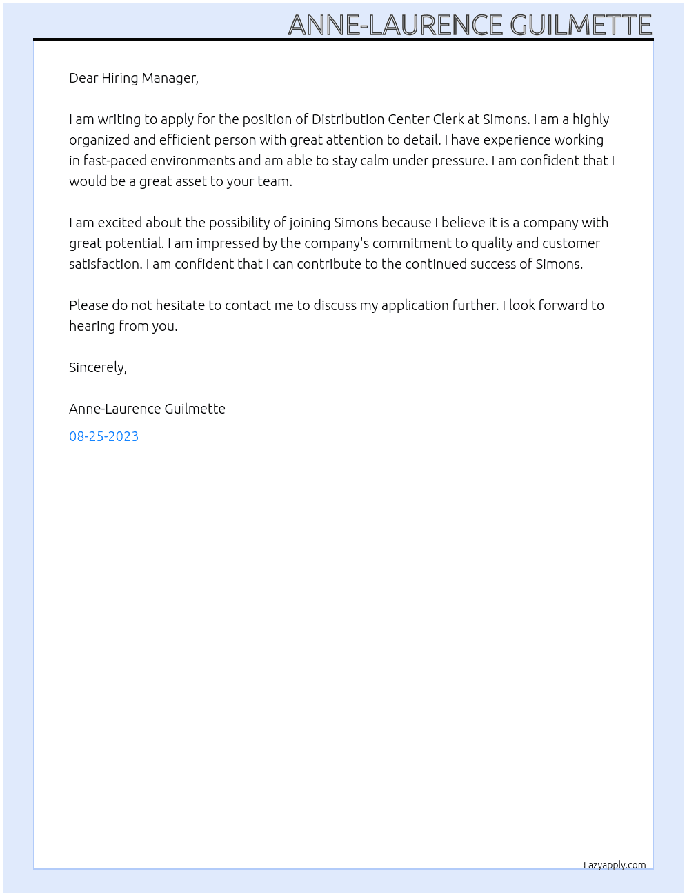 Distribution Center Clerk At Simons Cover Letter