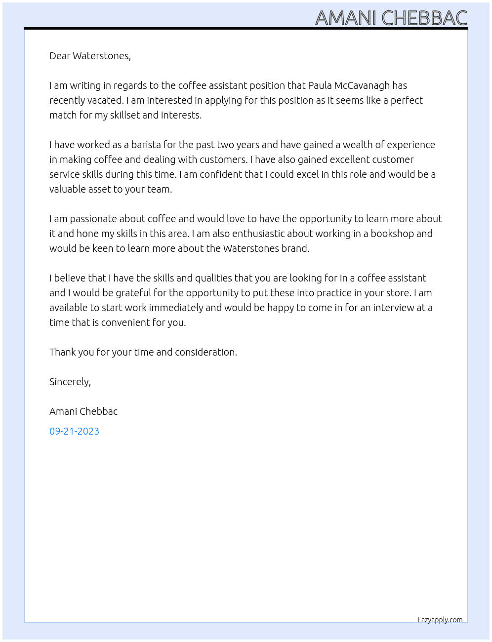 Coffee assistant At Waterstones Cover Letter