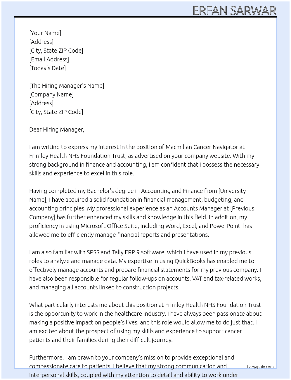 Macmillan Cancer Navigator At  Frimley Health NHS Foundation Trust Cover Letter