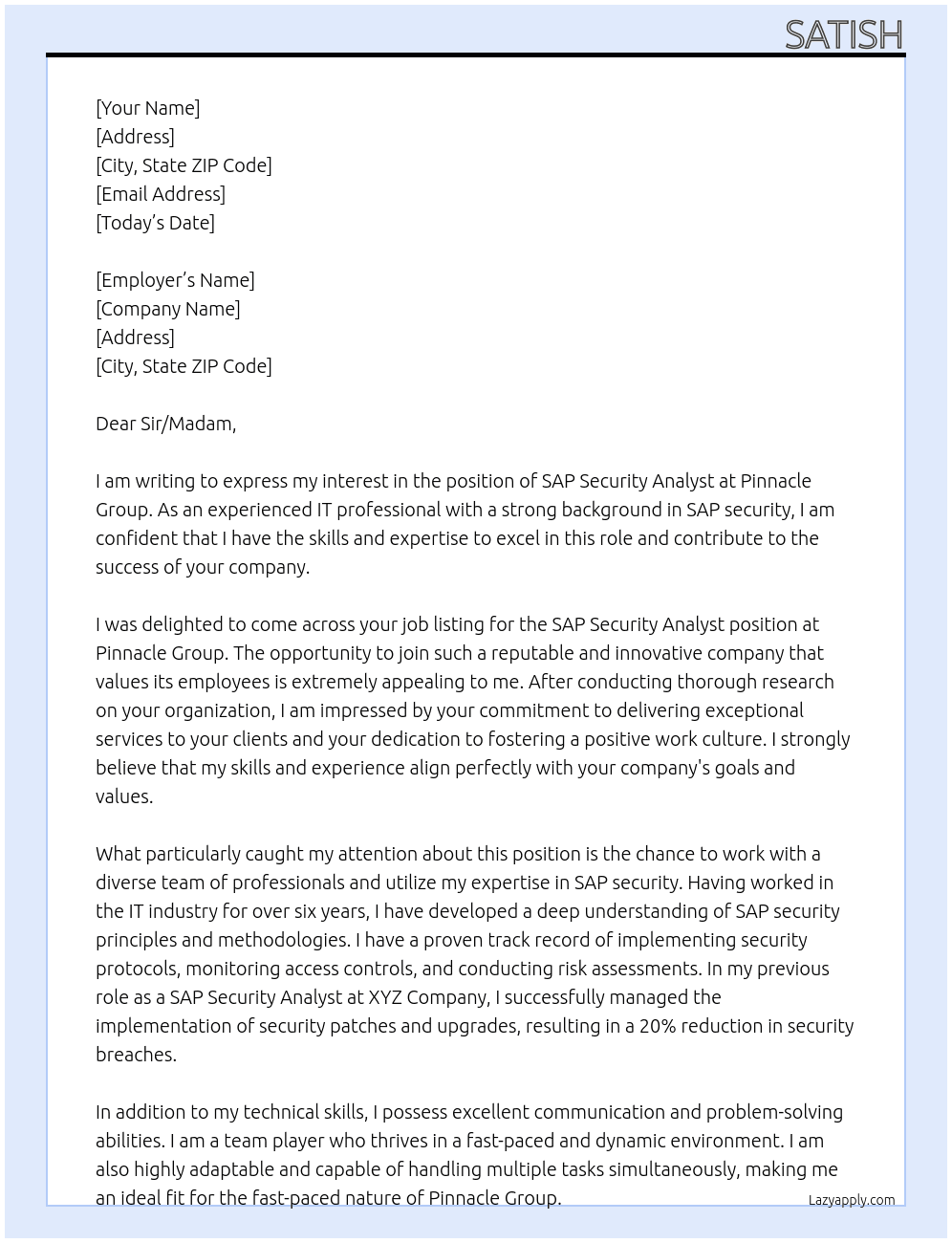SAP Security Analyst At Pinnacle Group Cover Letter