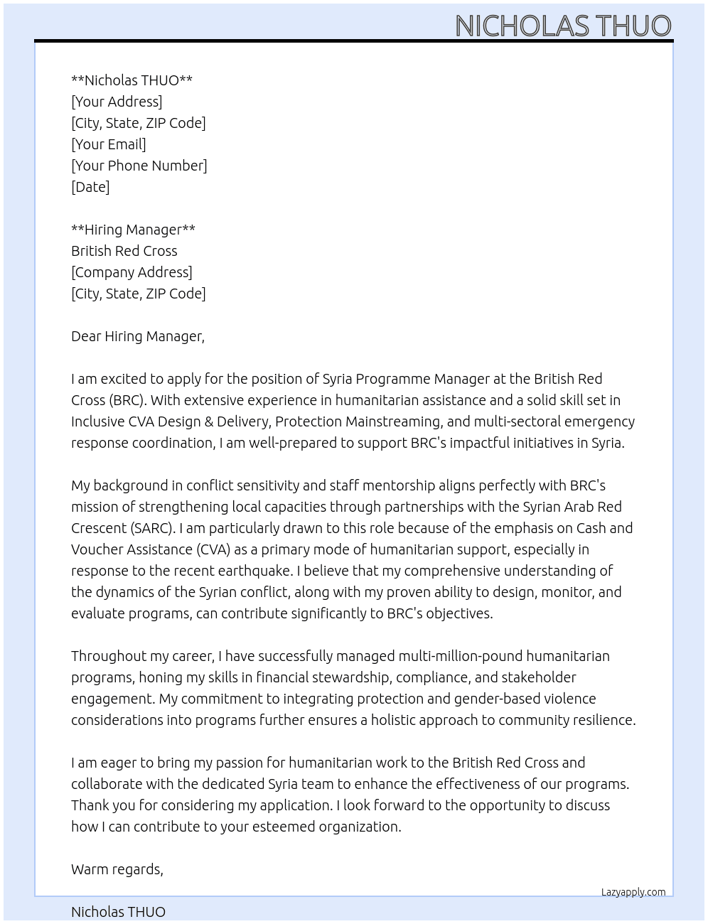 Cover letter for syria programme manager - LazyApply