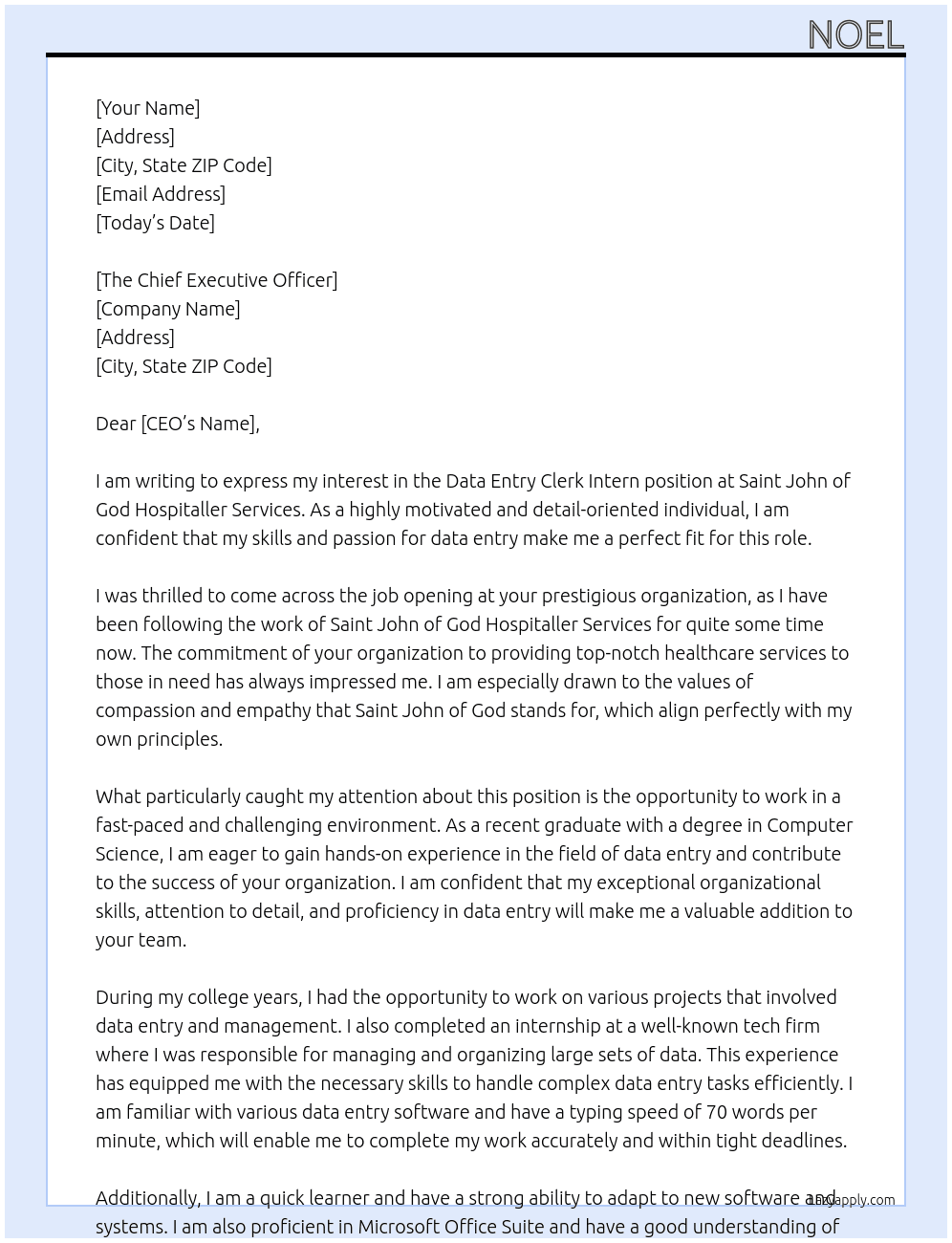 Data Entry Clerk Intern At Saint John of God Hospitaller Services Cover Letter