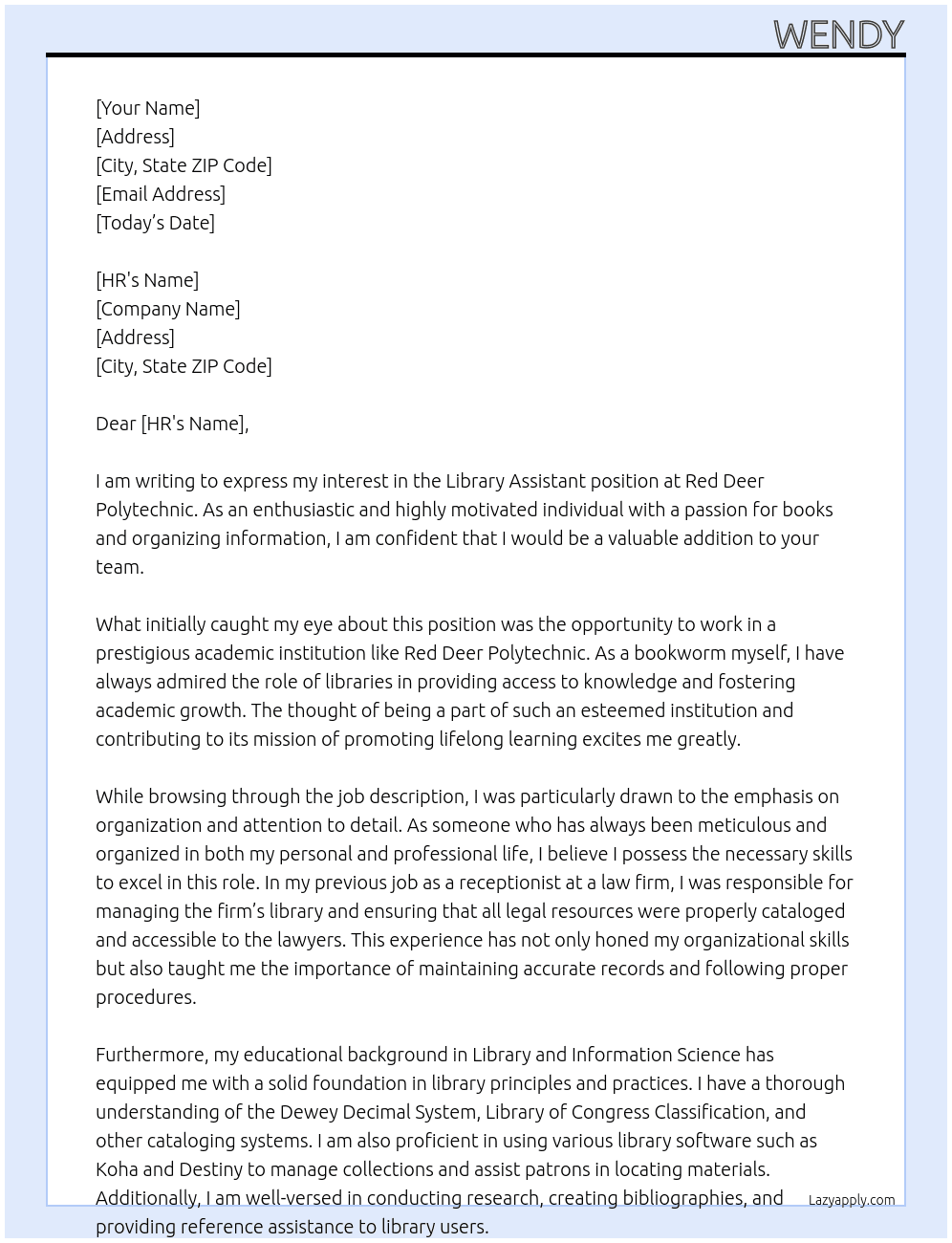 Library assistant At Red Deer polytechnic Cover Letter
