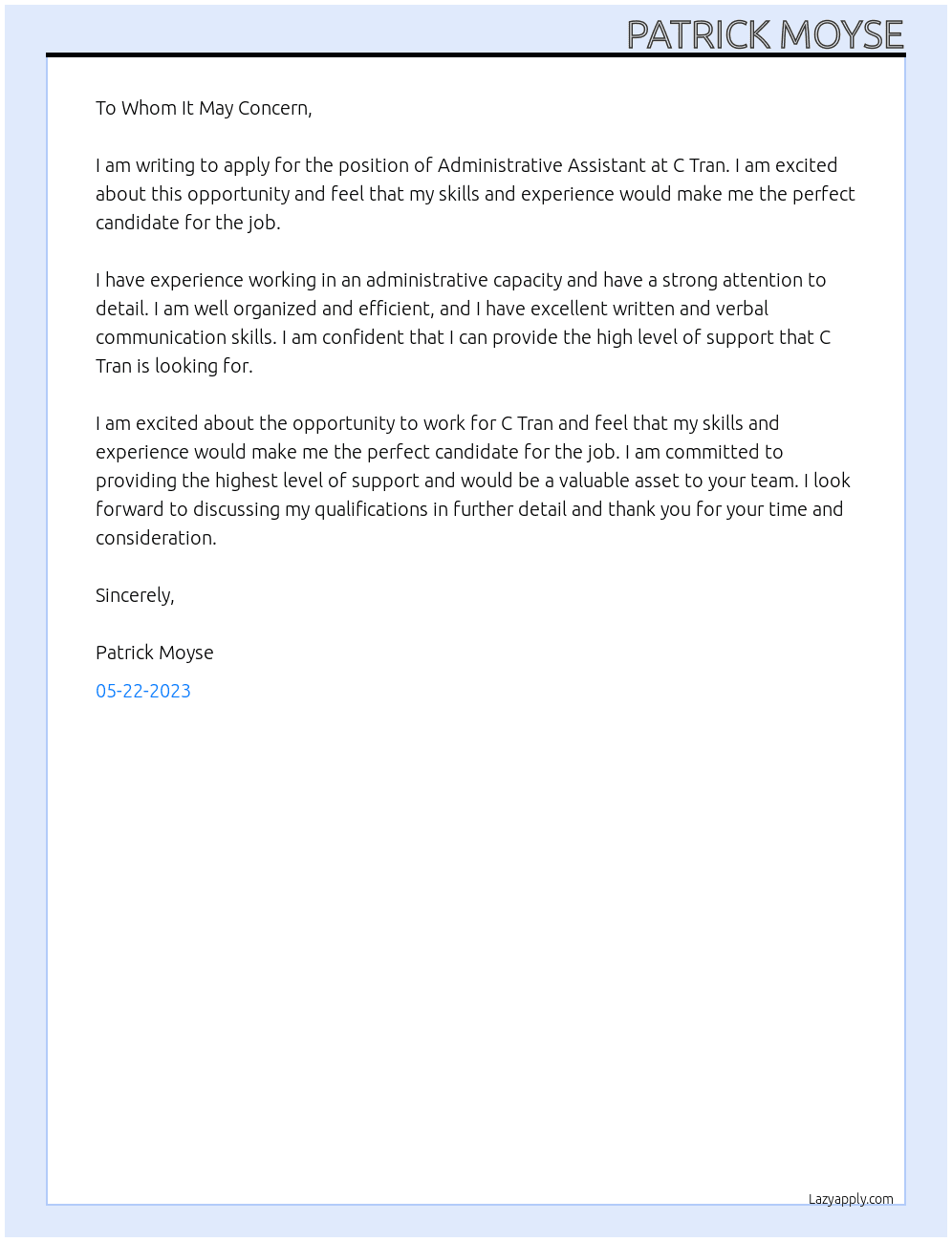 Administrative Assistant At C Tran Cover Letter