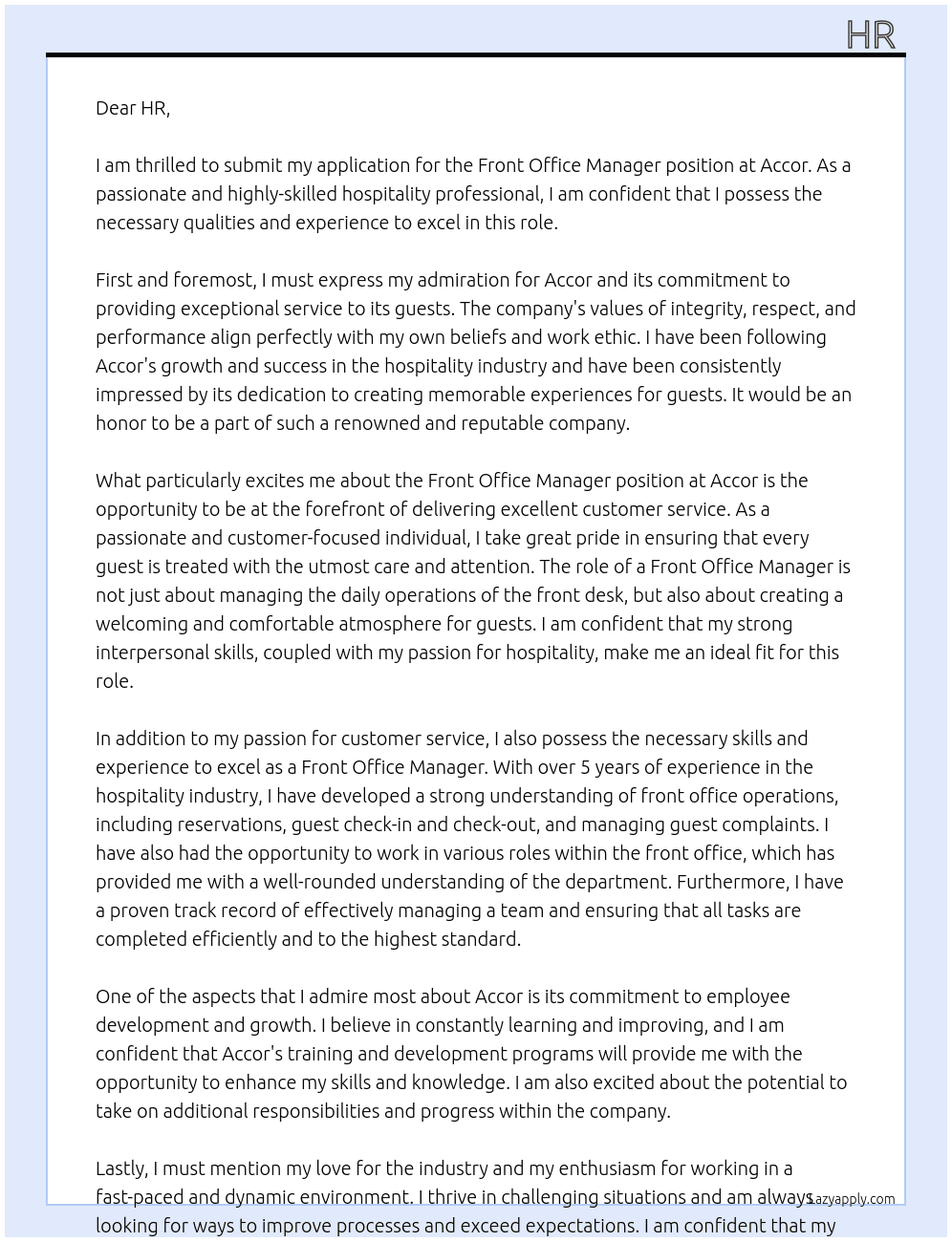 front office manager At accor Cover Letter