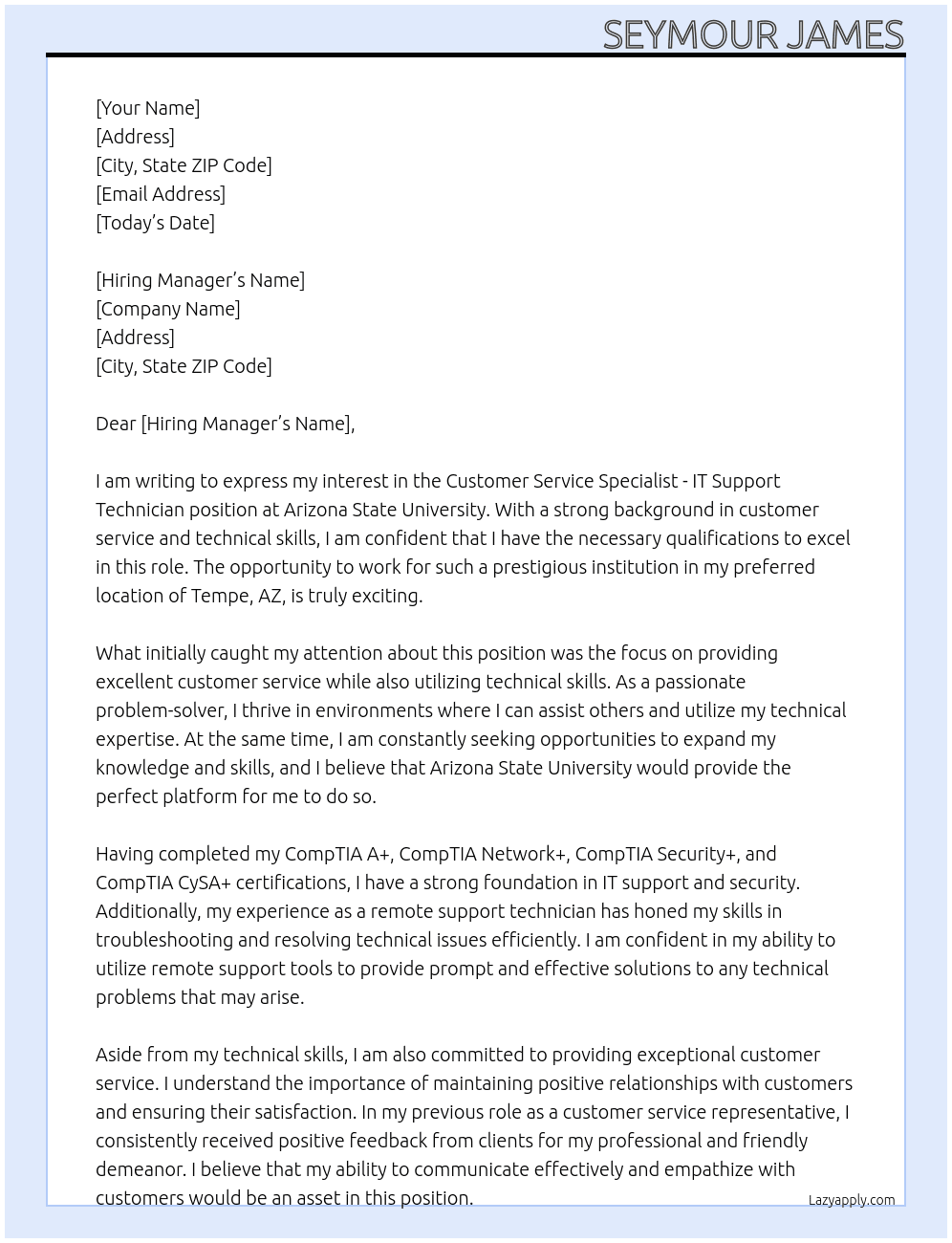 Customer Service Specialist - IT Support Technician At Arizona State University Cover Letter
