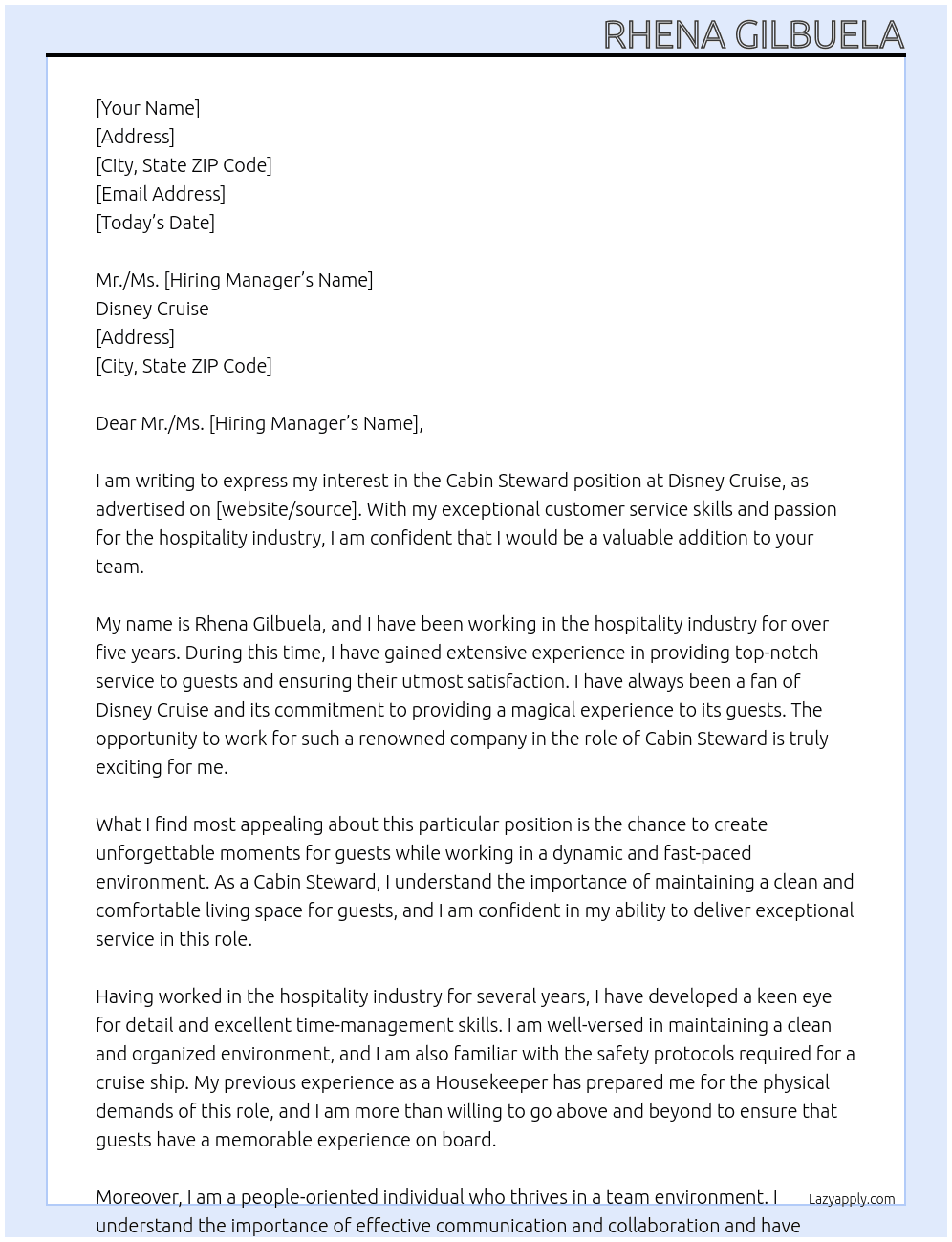 Cabin Steward At Disney Cruise Cover Letter