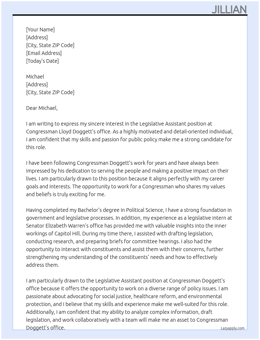 Legislative Assistant At Congressman Lloyd Doggett Cover Letter