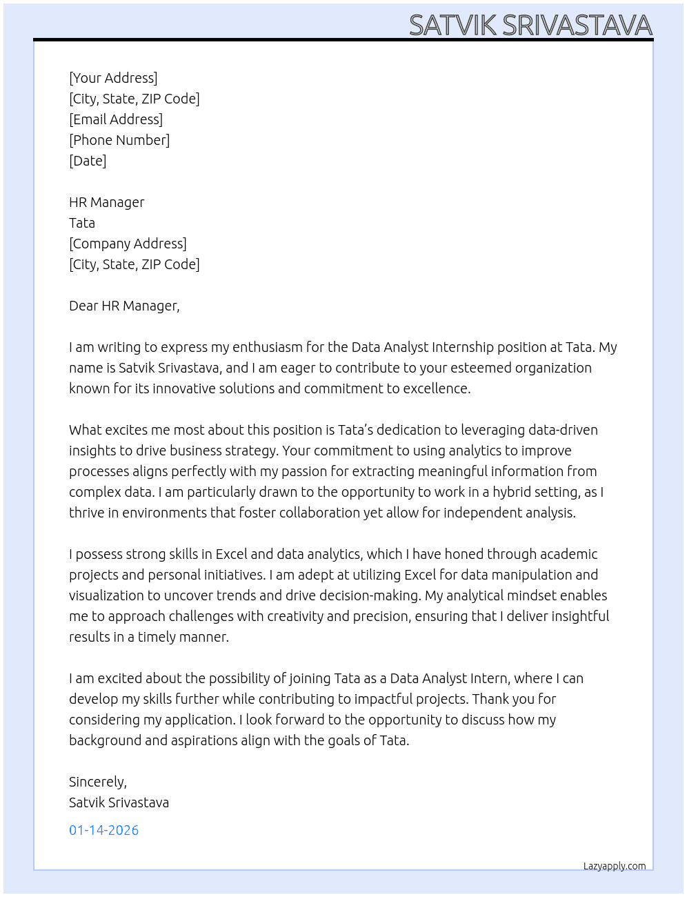 Data Analyst  At Tata  Cover Letter