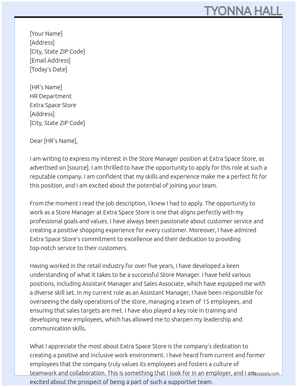 Store Manager At Extra Space Store Cover Letter