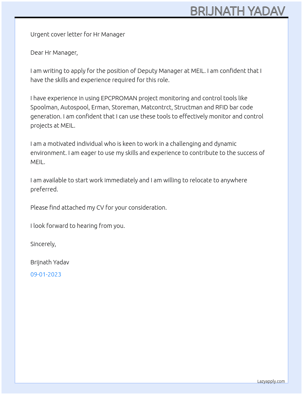 Deputy Manager  At MEIL Cover Letter