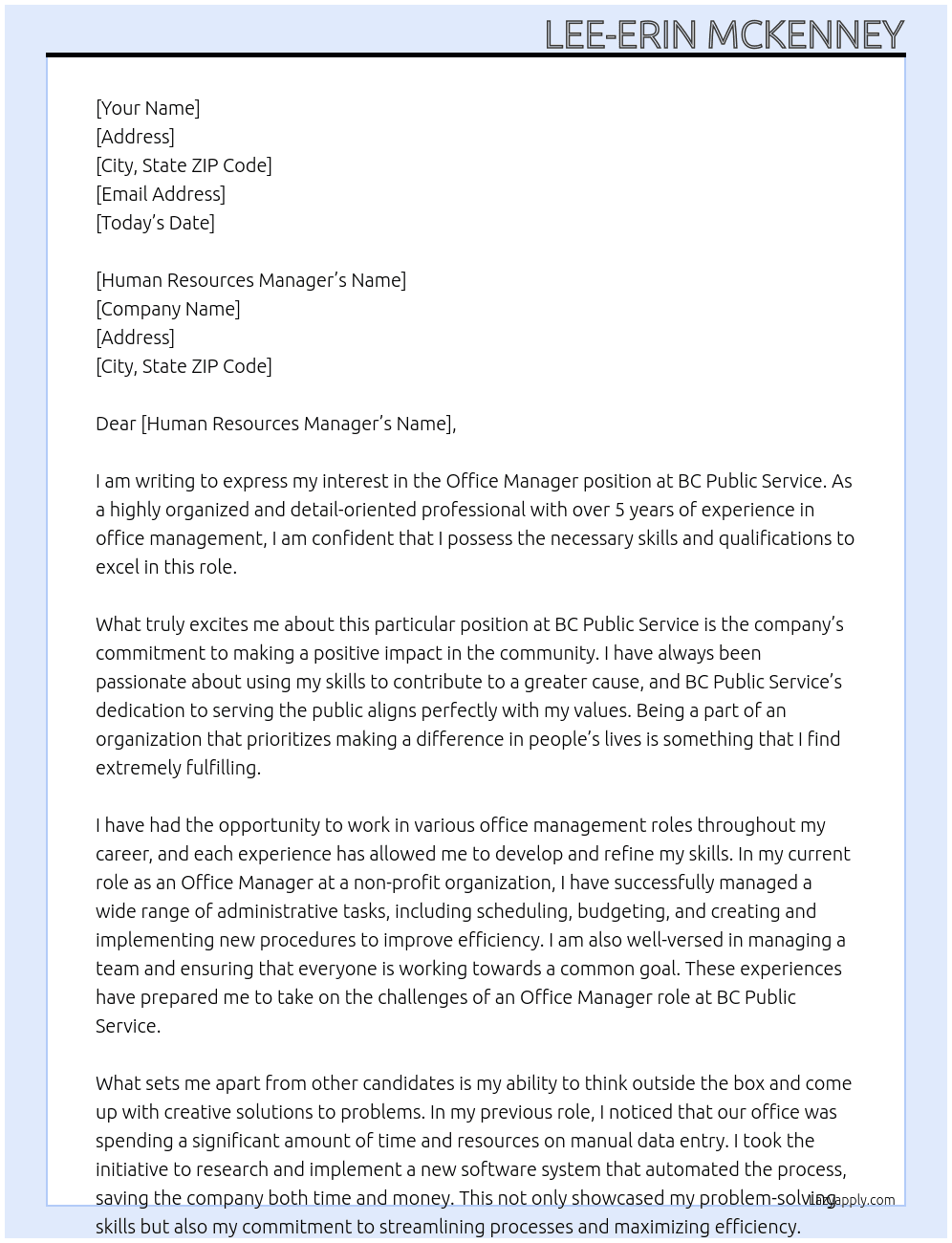 Office manager At BC Public Service Cover Letter