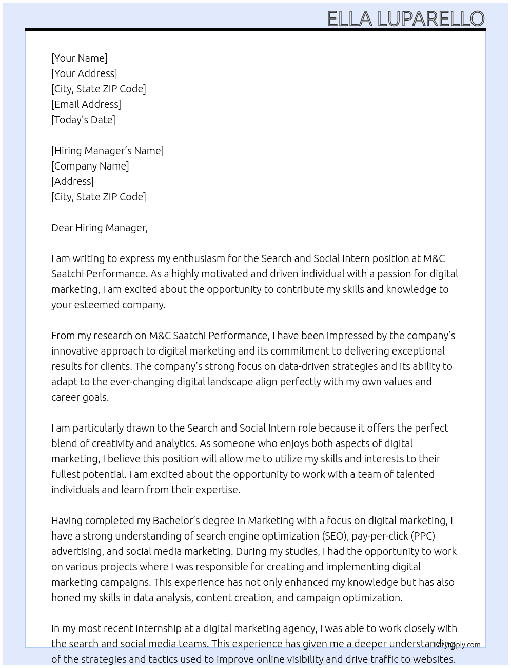 Search and Social Intern At M&C Saatchi Performance Cover Letter