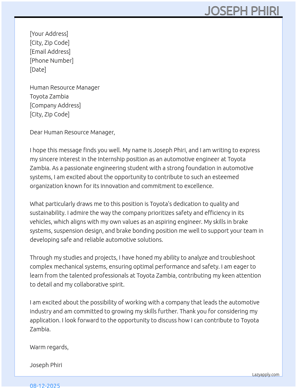 Cover letter for internship as automotive engineer - LazyApply