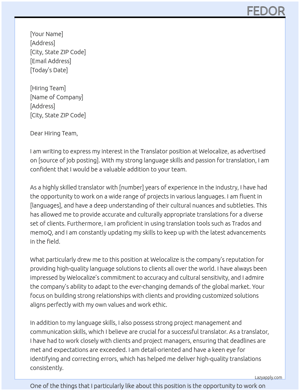 Translator At Welocalize Cover Letter