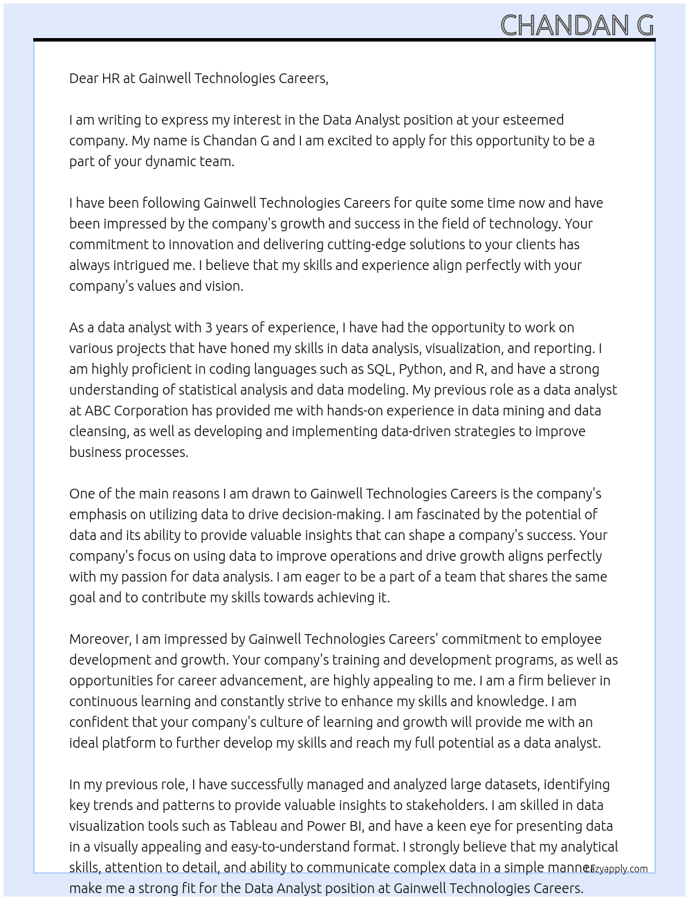 Data analyst  At Gainwell Technologies Careers Cover Letter