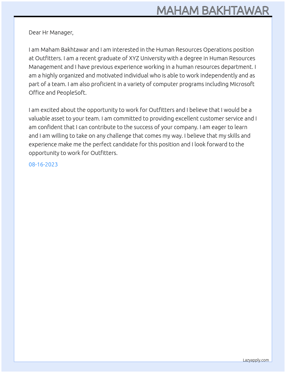 Human Resources Operations At Outfitters  Cover Letter