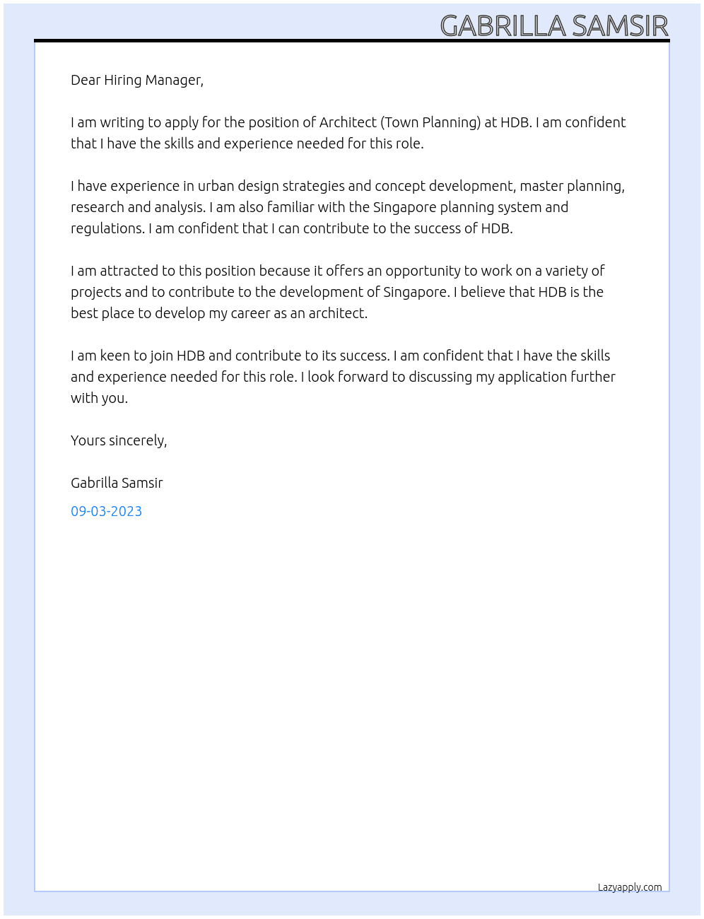 Architect (Town Planning) At HDB Cover Letter