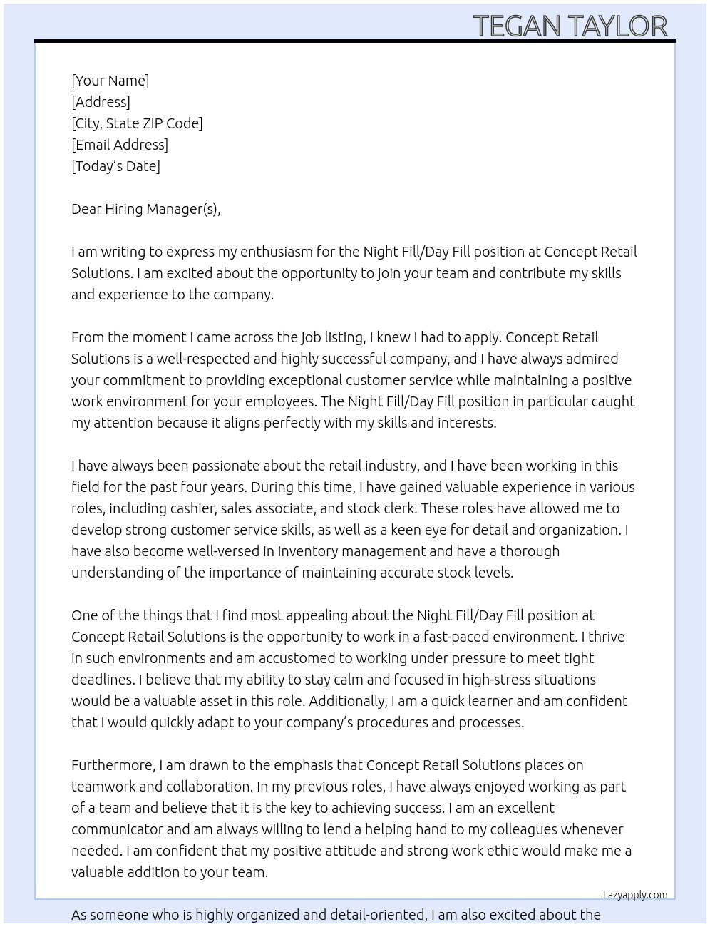 Night Fill/ Day Fill  At Concept Retail Solutions  Cover Letter
