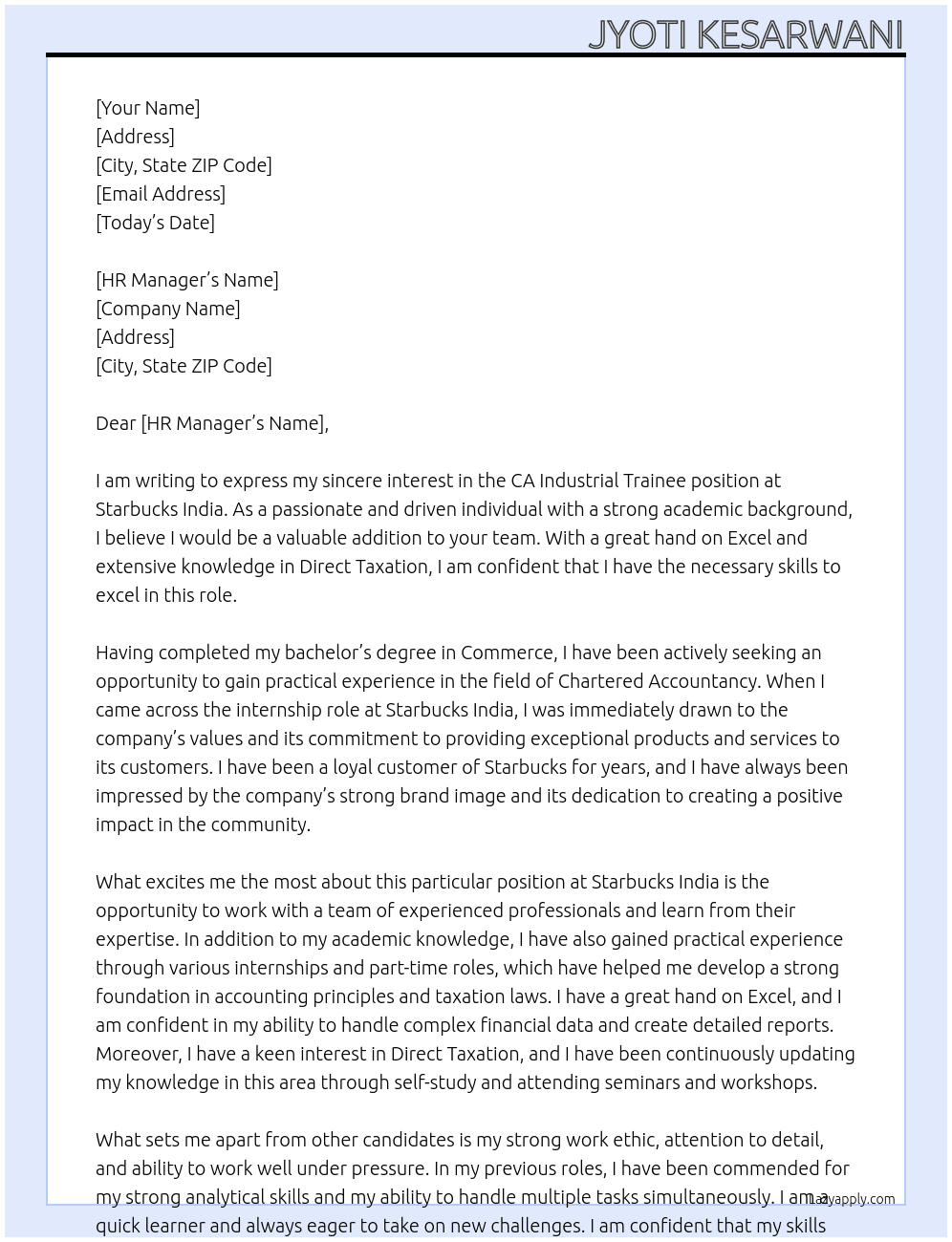 CA Industrial Trainee At Starbucks India Cover Letter