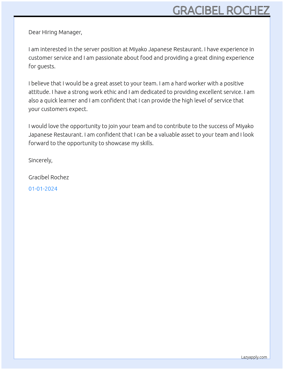 Server At Miyako Japanese Restaurant Cover Letter