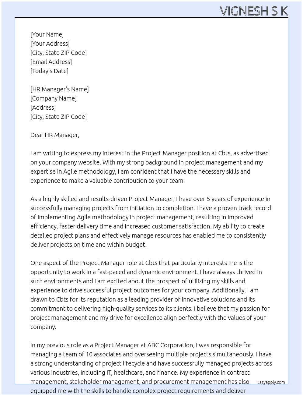 Project manager  At Cbts  Cover Letter