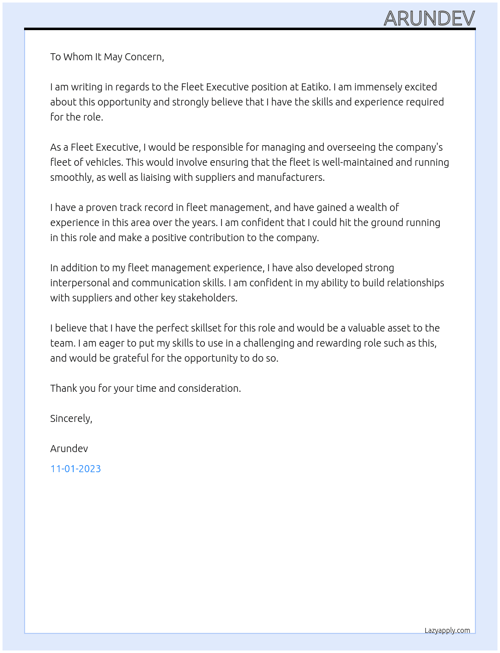 Fleet exicutive  At Eatiko Cover Letter