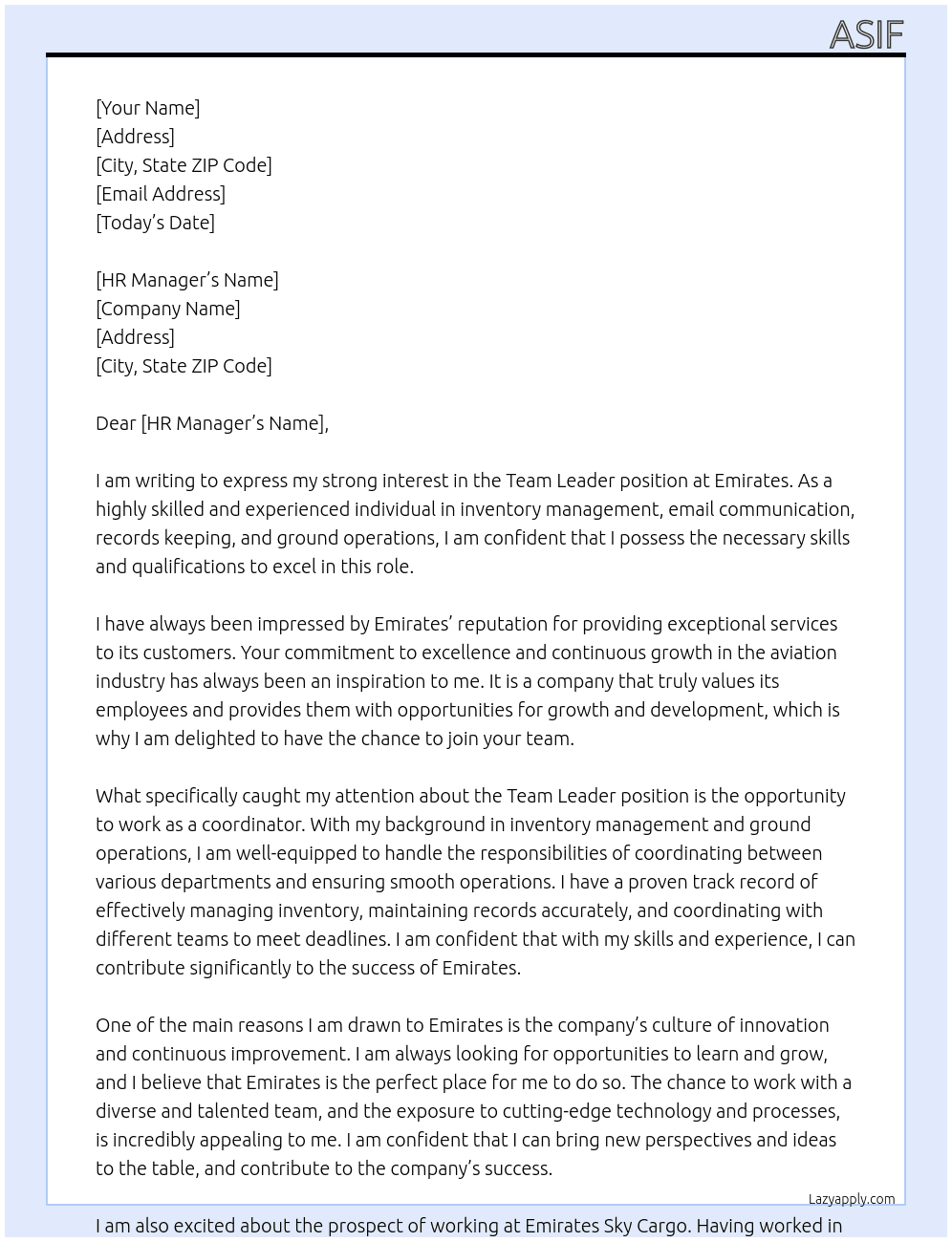 Team leader  At Emirates  Cover Letter