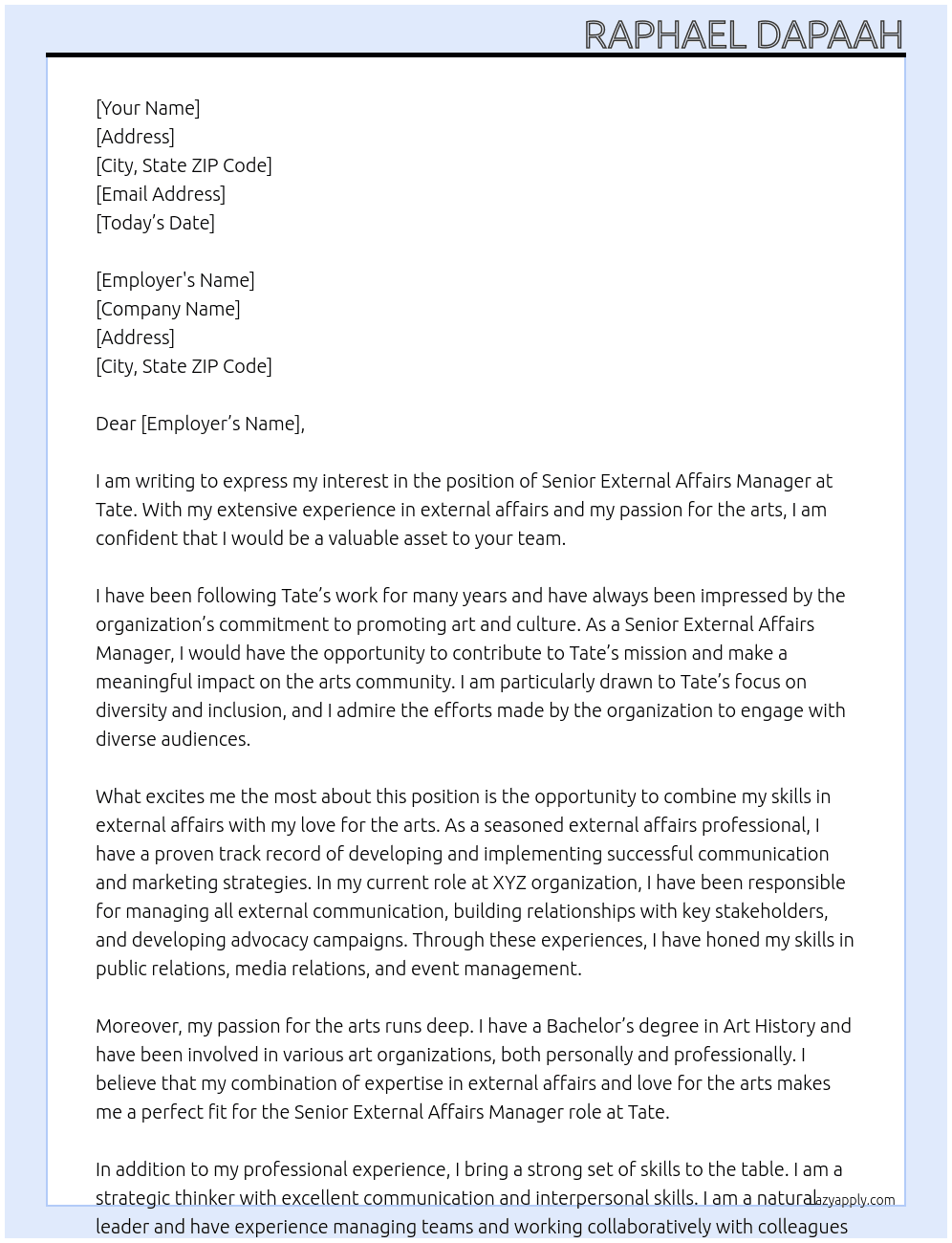 Senior External Affairs Manager At Tate Cover Letter