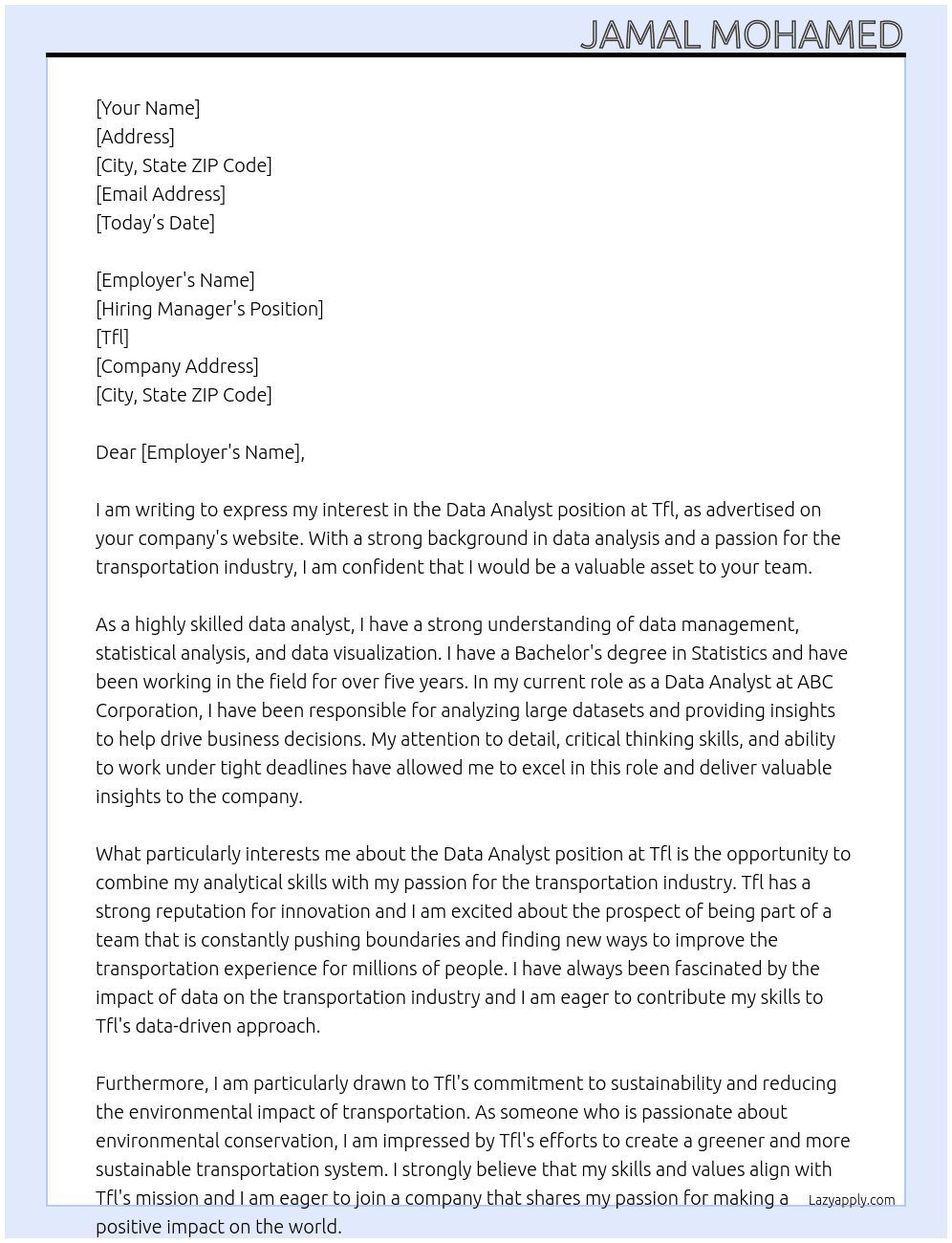 Data analyst At Tfl Cover Letter