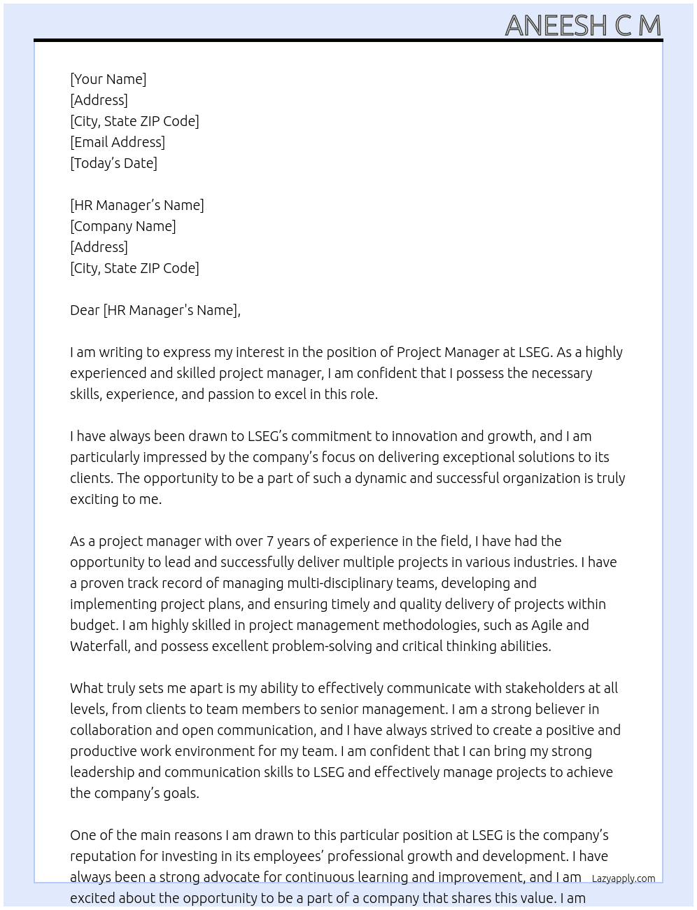 Project Manager At LSEG Cover Letter