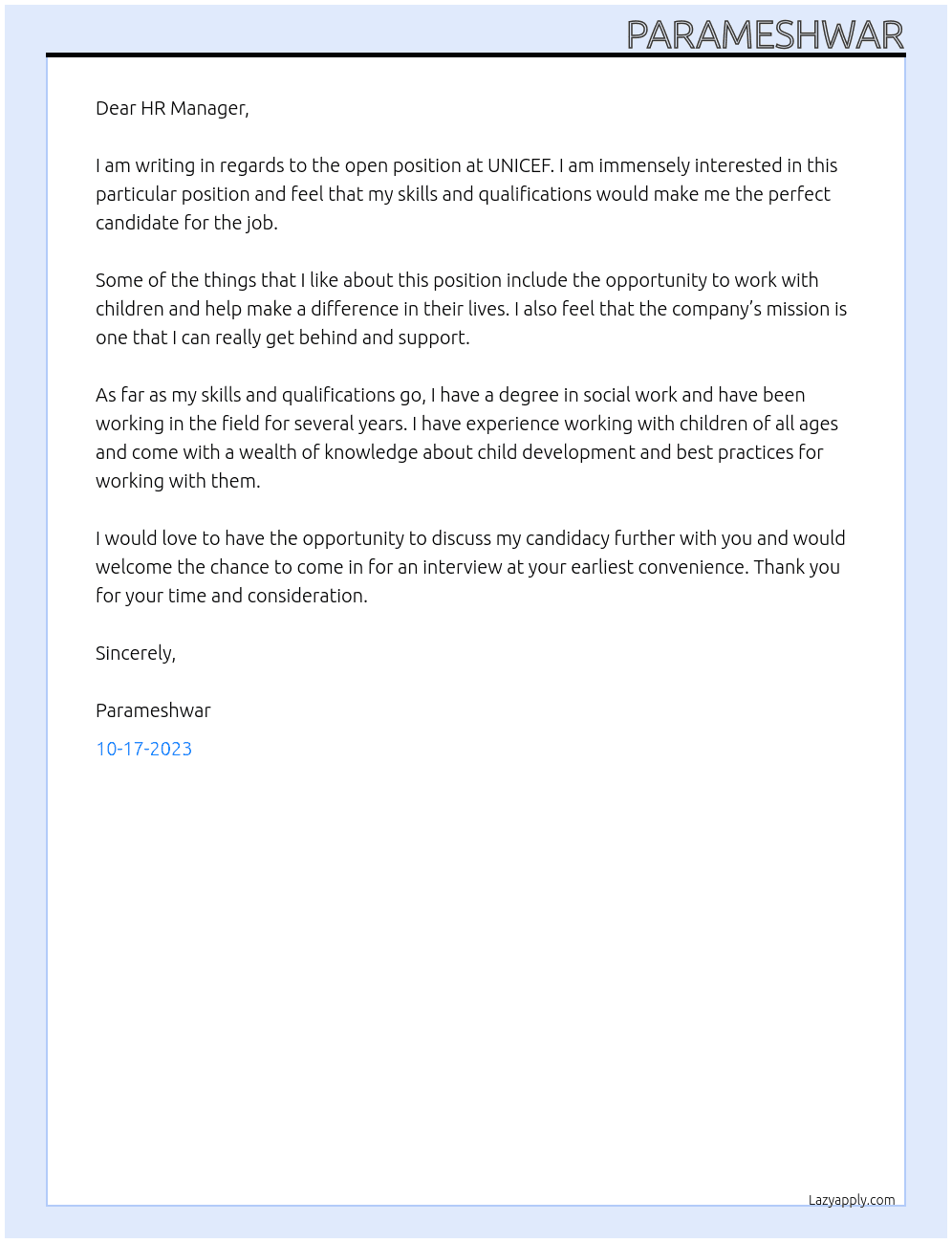 unicef At unicef Cover Letter