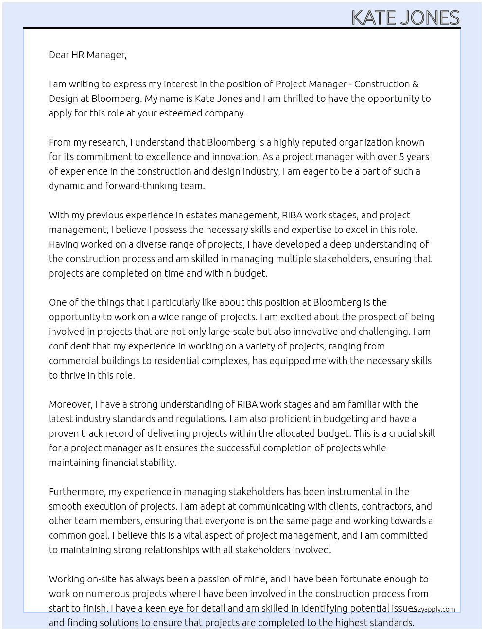 Cover letter for project manager – construction & design - LazyApply